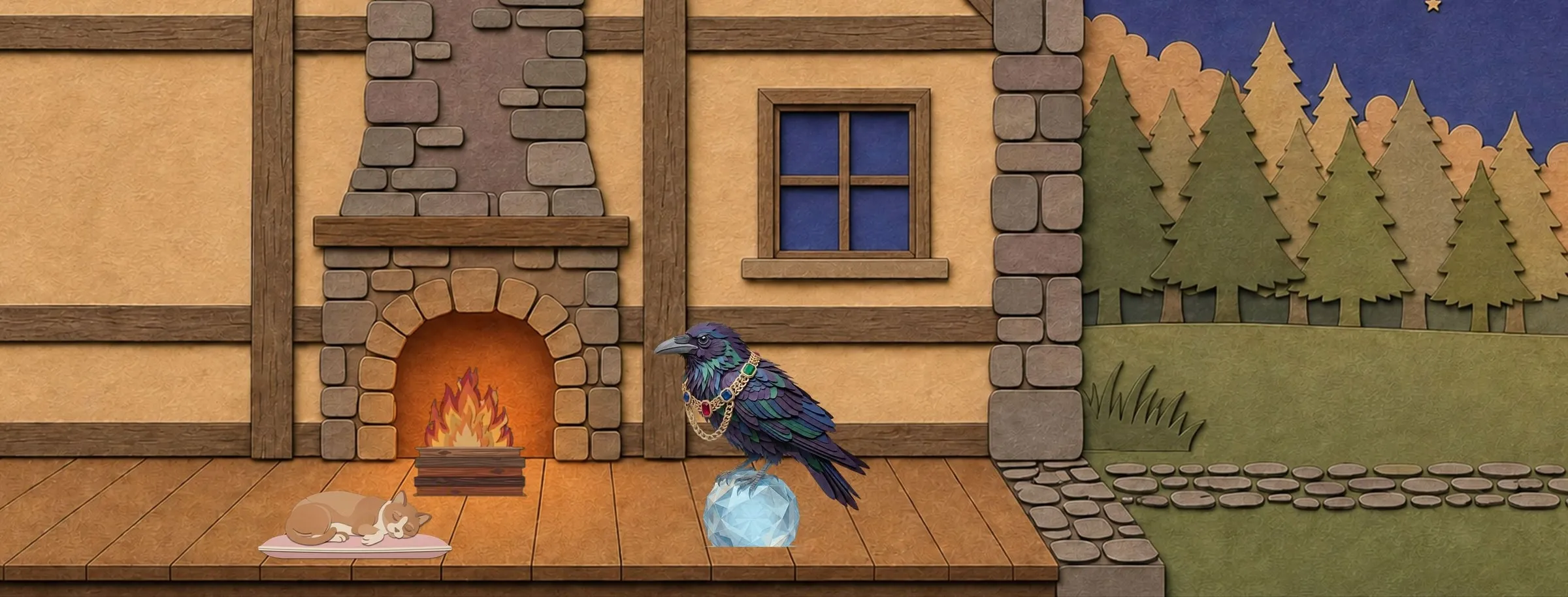 A cut-paper hearth room at dusk: a lit fire, a cat asleep on a cushion beside it, and Bramble the raven perched on a crystal, with a garden and pine forest beyond.