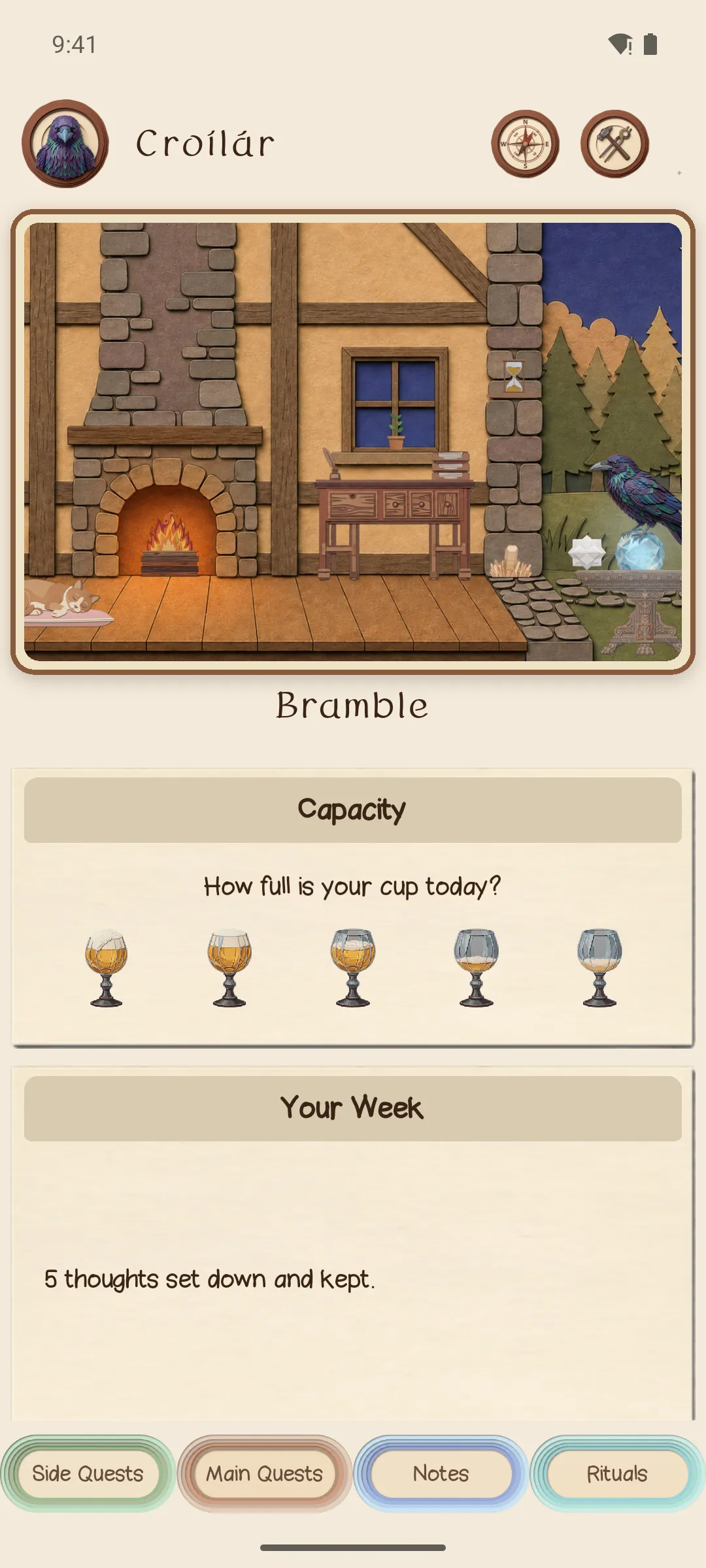 The Croílár home screen: the hearth room with a lit fire, a sleeping cat and a barn owl, above the daily capacity check-in.
