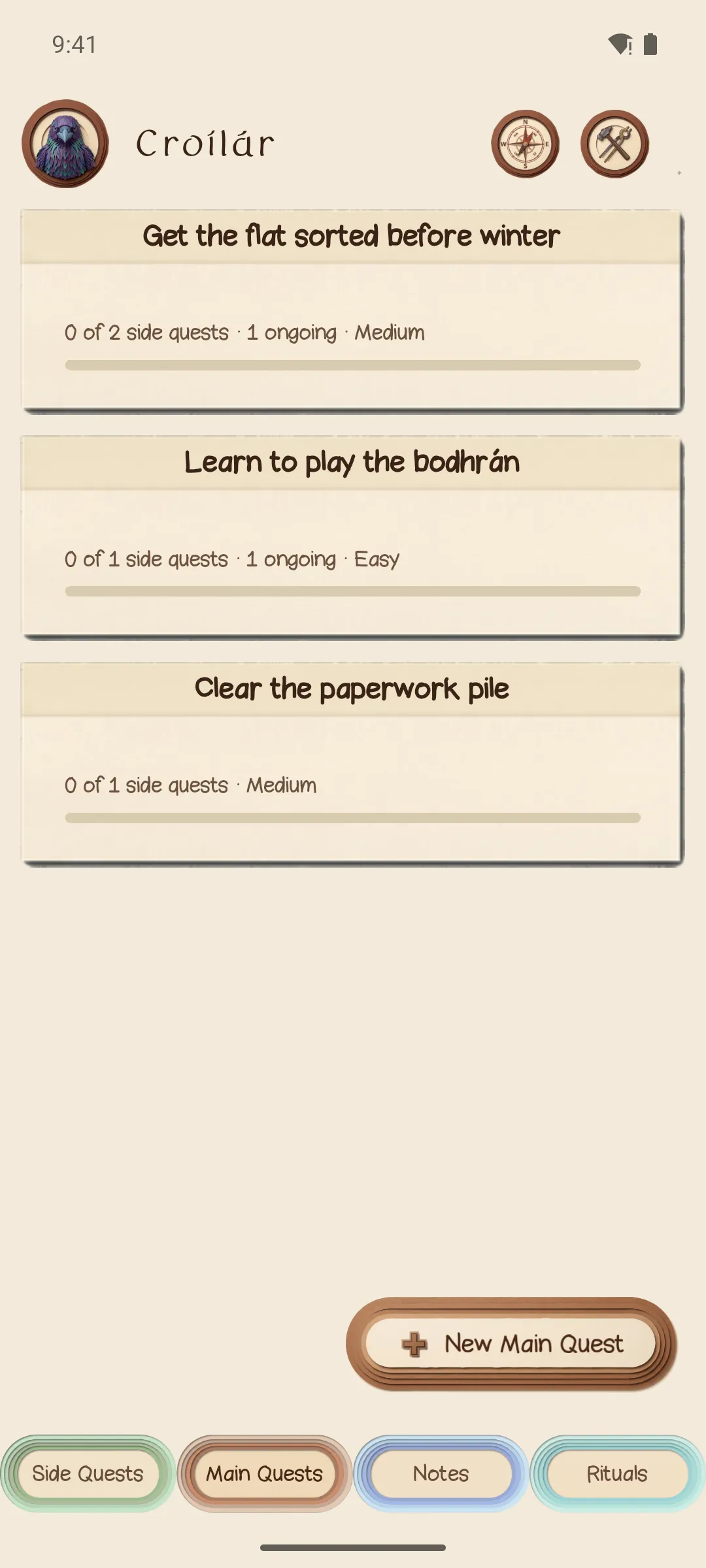 The Main Quests screen showing three goals with their side-quest counts.